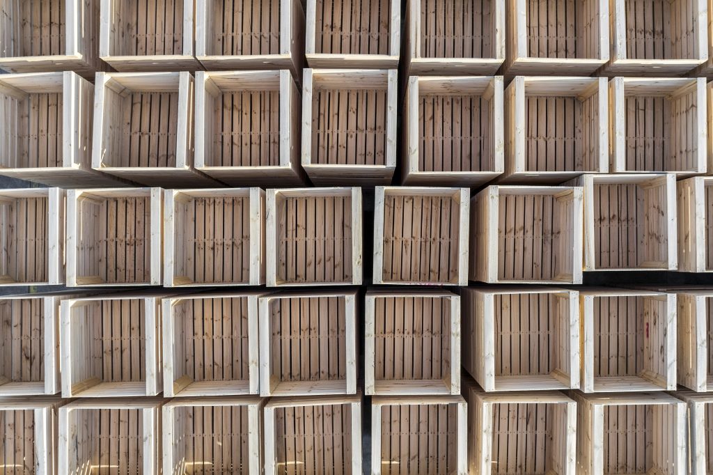 Bird's-eye view of wooden export produce bins lined up in rows, ready for dispatch