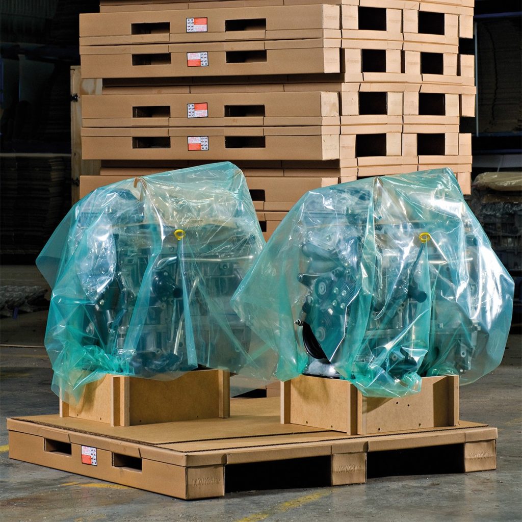 Machinery and metal parts wrapped in corrosion protection packaging at CMTP Dandenong South in Melbourne