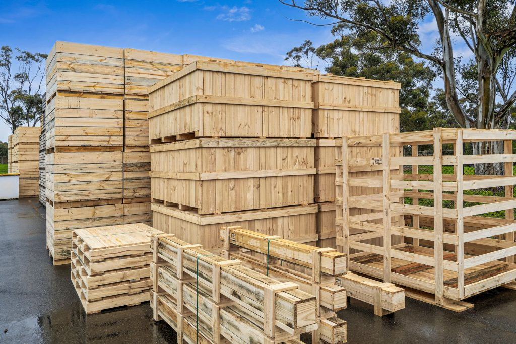 Wooden pallets, crates and cases for industrial manufacturing stacked in the CMTP yard