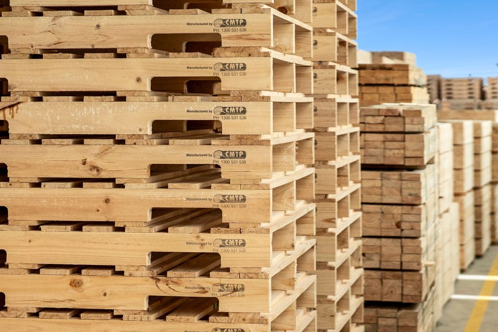 Stacks of timber pallets at the CMTP Mildura site on Fourteenth Street
