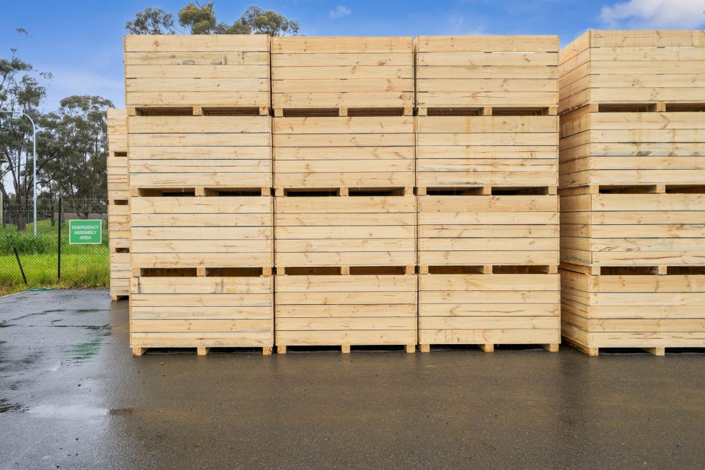 Timber produce bins stacked at the CMTP Branxholm site in north-east Tasmania